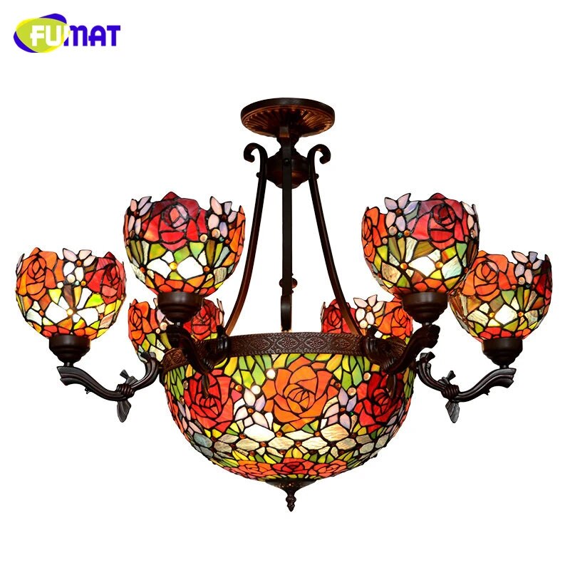 FUMAT Tiffany Style Rose 31.5 Inches Ceiling Lamp Stained Glass RC020822