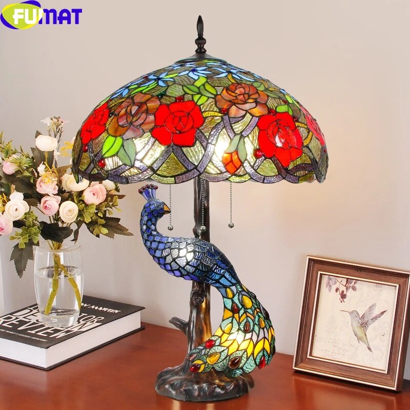 Peacock tiffany top table lamp